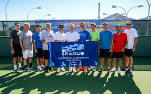 The 40 and Over Men's 4.0 team from Washington Crossing, Pa. Players include Joseph Hargrove, Gorm Clifford Yoder, Marc Bertino, Todd Dlugosz, Terry Schneider, Richard Smith, Rick Rogers, Chenggang Wang, Alex Lawrason, Jeoffrey Purnell, Pete Macios pose for a team photo during the Adult 40 & Over 4.0 USTA League National Championships in Indian Wells, California. Not pictured: Thomas Buker (captain), Russell Chamberlin, William McElroy, David Crichton, John Gundaker, Jim Peiffer, Dan Flamini, Michael Graziani, Kevin Lawlor, Jeff Meitzler, Lance Brown, Ed Daou, Ed Rocco, David DAmico.